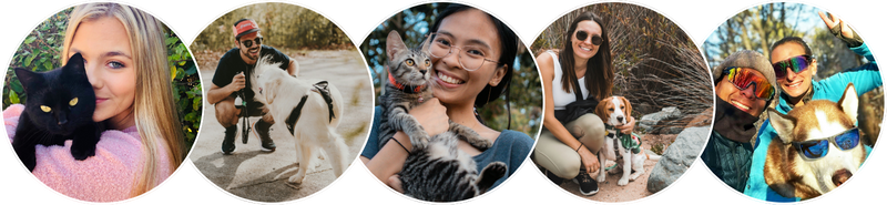 A collage of five circular images showing women hugging or holding dogs in various settings