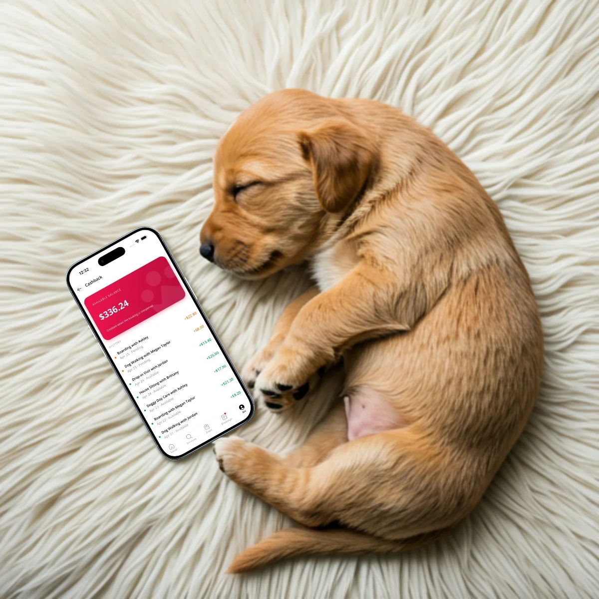 A puppy sleeping next to a phone showing the Petme app