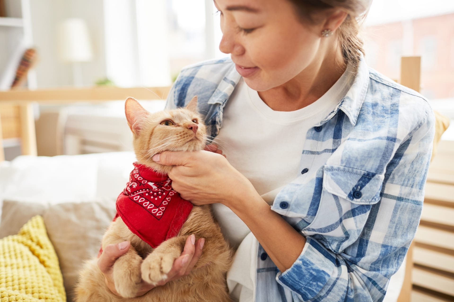 Woman holding a cat with a bandana