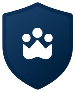 A blue shield with a white paw print design, featuring three circles above a wavy base, resembling a crown or mountain.