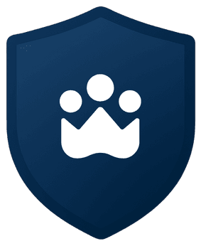 A blue shield with a white paw print design, featuring three circles above a wavy base, resembling a crown or mountain.