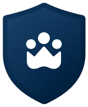 A blue shield with a white paw print design, featuring three circles above a wavy base, resembling a crown or mountain.