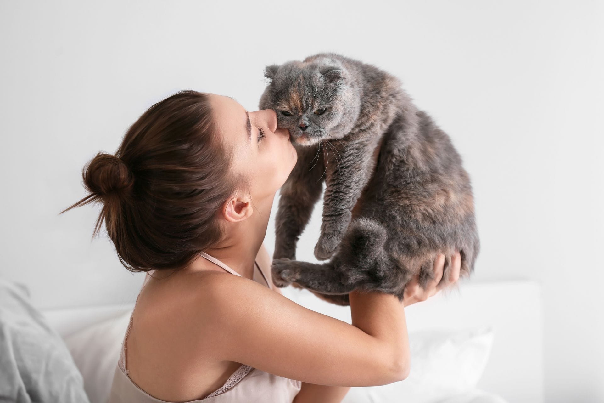 A woman with hair in a bun, wearing a light-colored top, holds and kisses a fluffy gray cat against a white background with a bed in view.