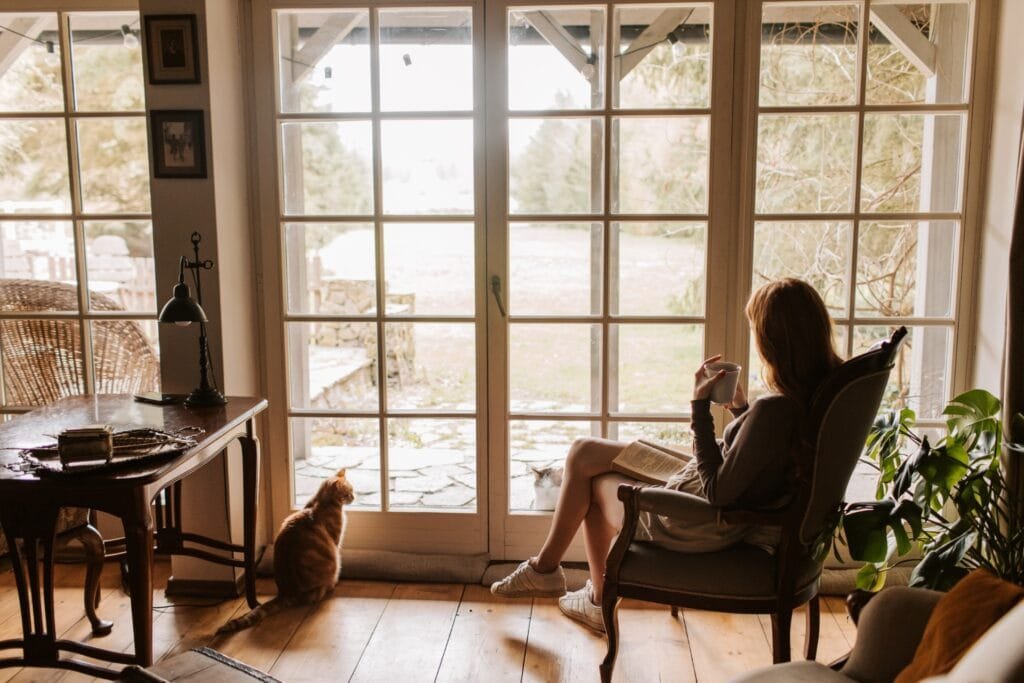 A person sits in a cozy room by a large window, reading a book and holding a mug, with a ginger cat nearby and another cat outside. The room has wooden floors, a desk with a lamp, and potted plants.
