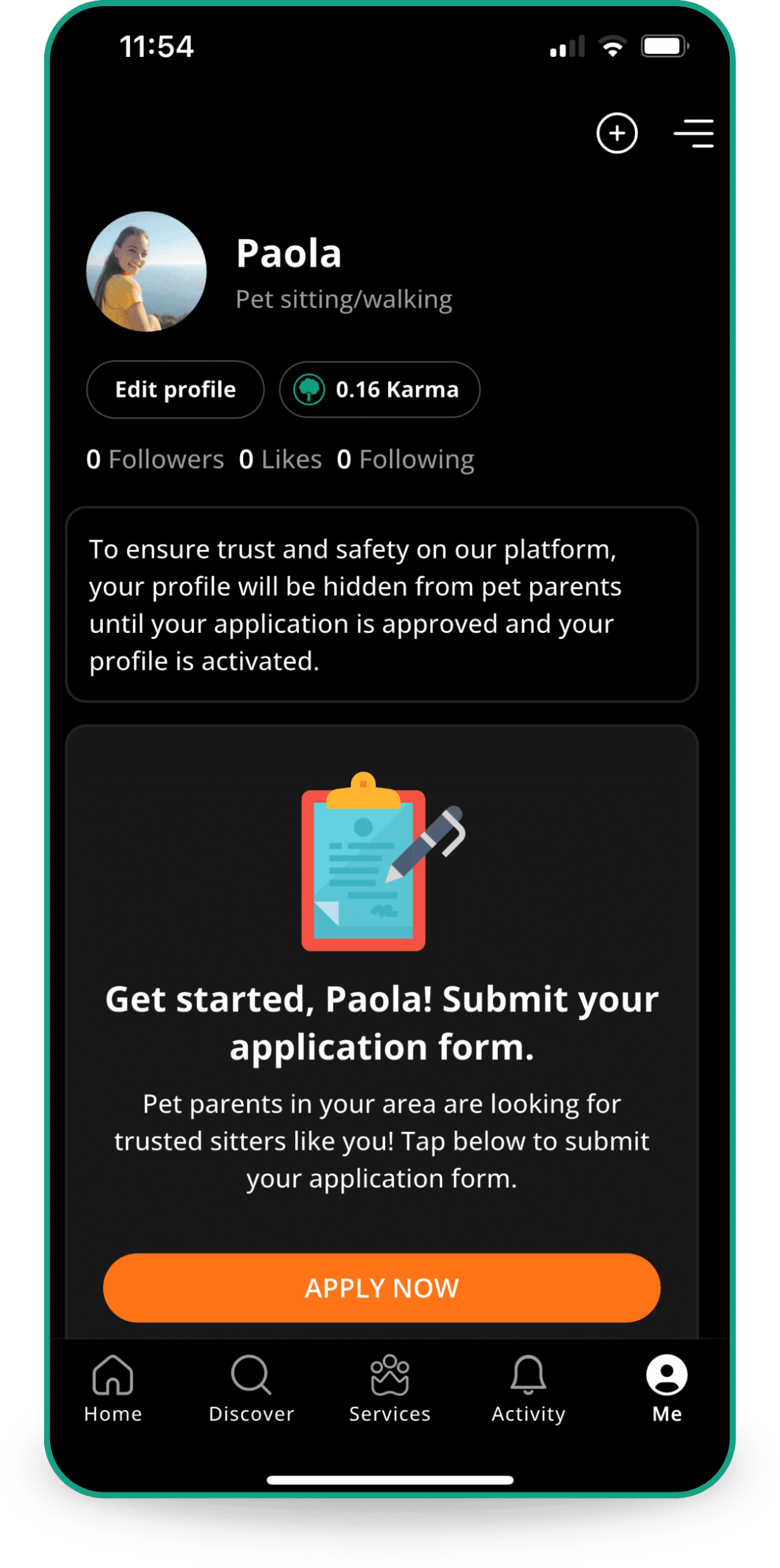 Pet sitter application form on Petme