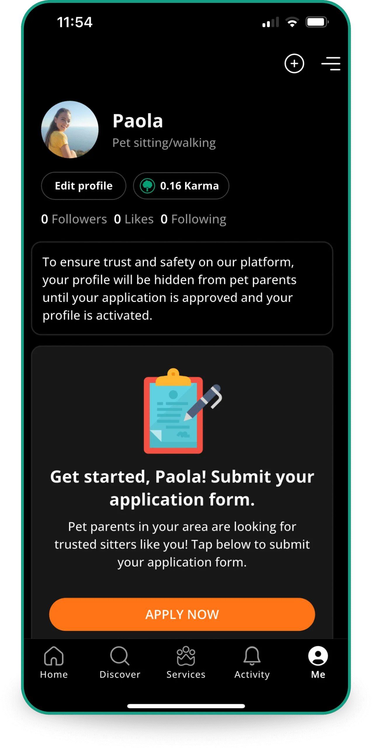 Pet sitter application form on Petme