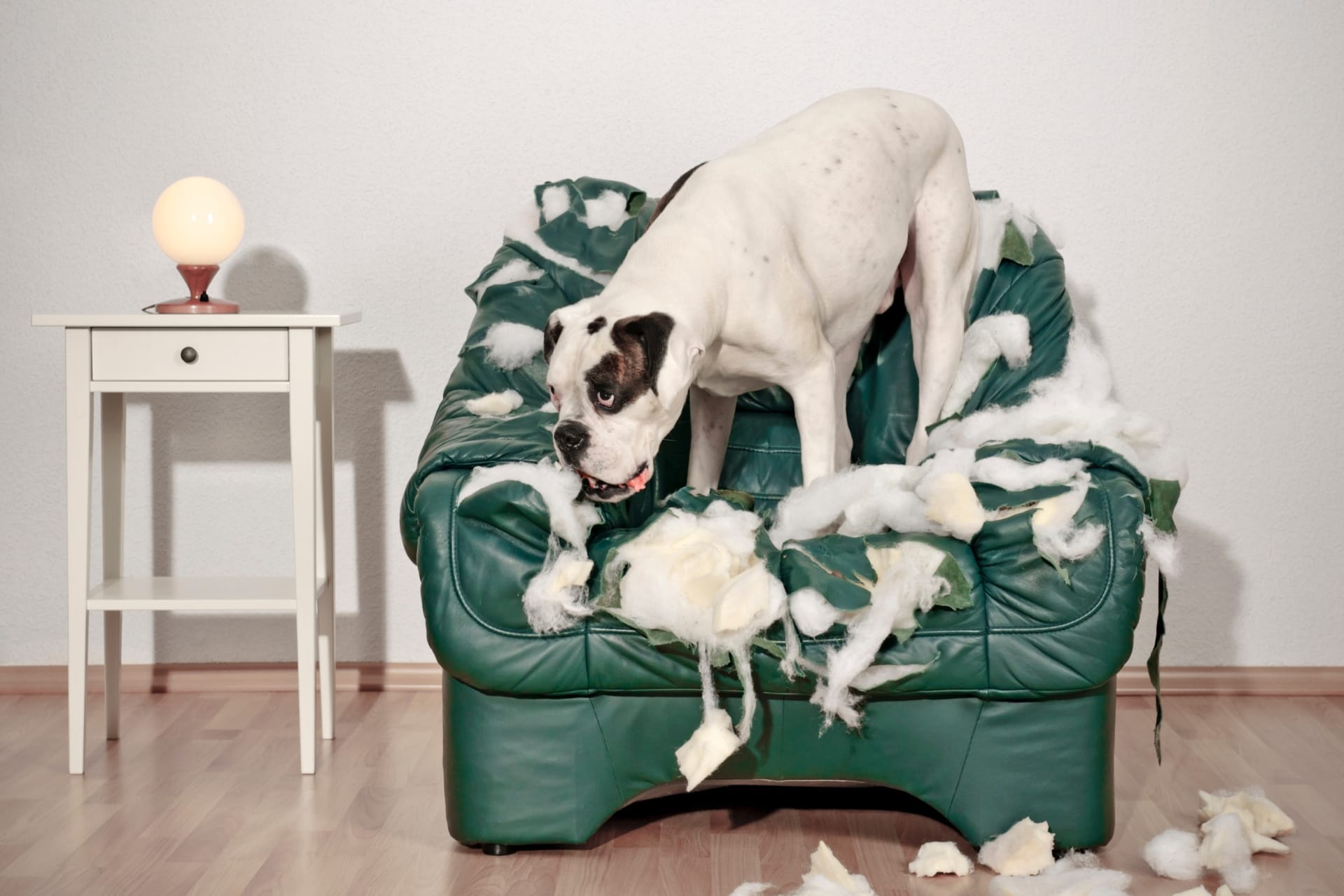 A dog stands on a torn green couch with stuffing scattered around