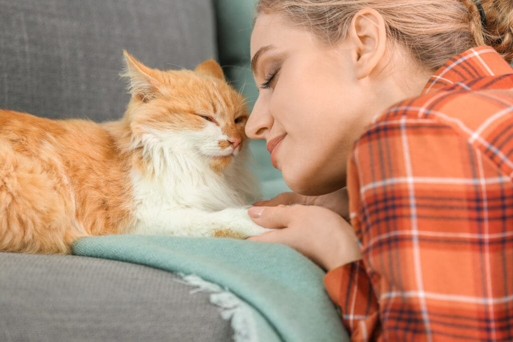 A woman with an orange cat on a couch, touching noses.